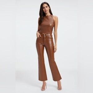 Good American Brown Burnt Caramel Faux Leather Mini Boot Cut Pants